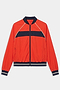The SPLITS59 Carrie Woven Nylon Jacket in Lotus Red/Indigo features navy and white stripes, ribbed cuffs and waistband, two front pockets, and a comfy nylon-spandex blend, shown against a white background.