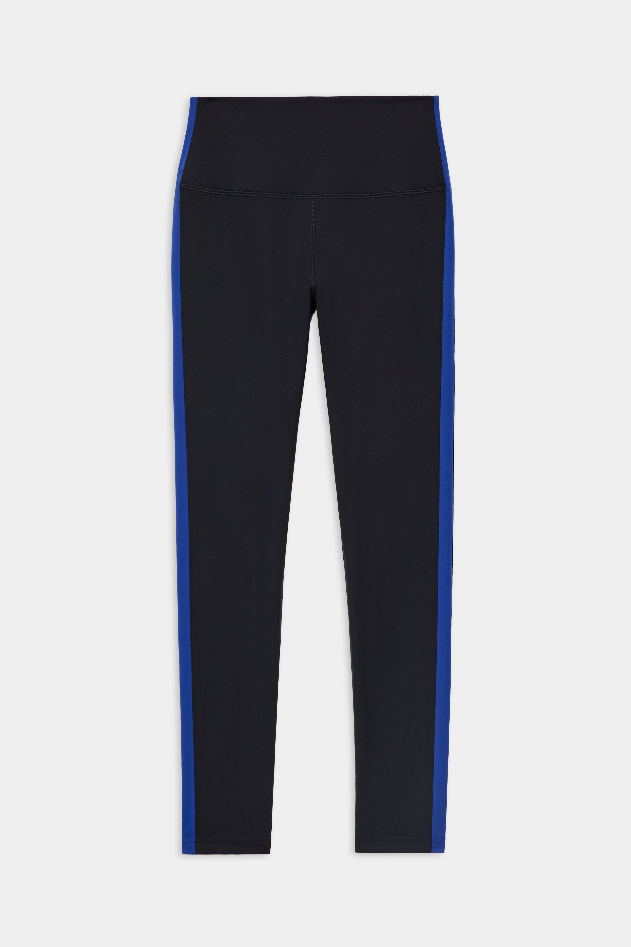 Clare High Waist Rigor 7/8 - Black/Cobalt by SPLITS59: black nylon-spandex leggings with a wide waistband and cobalt blue side stripes, shown on a white background.