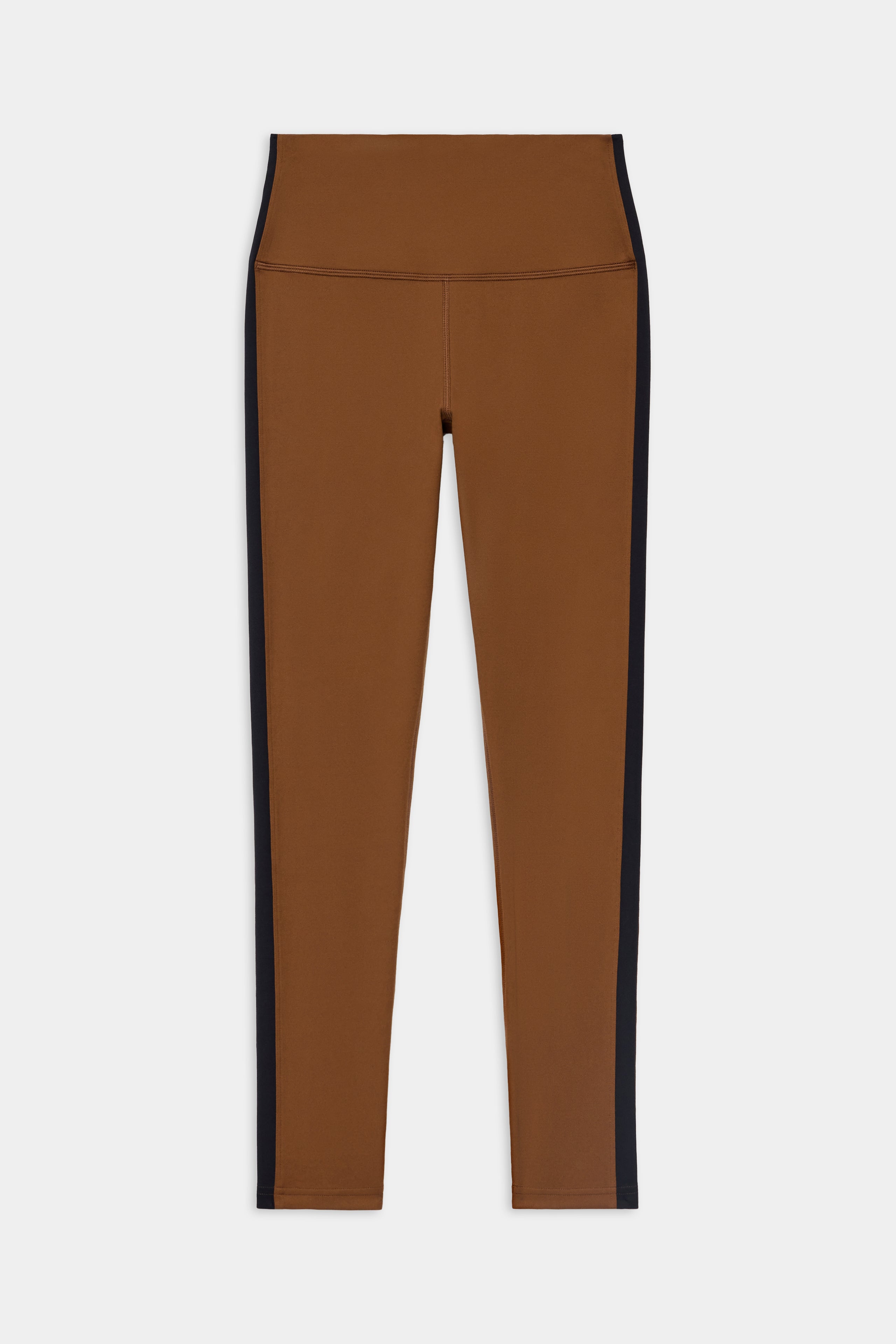 The SPLITS59 Clare High Waist Rigor 7/8 - Toffee/Black leggings, featuring black side panels, are made from a soft spandex blend and shown flat on a white background.