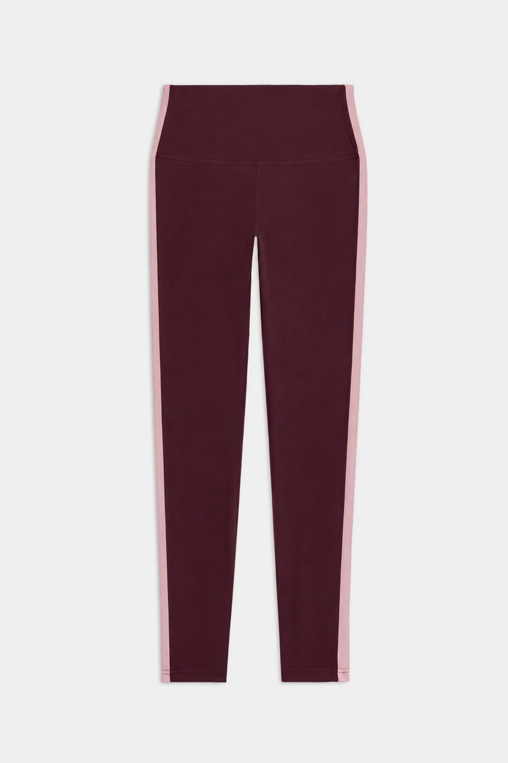 SPLITS59 Clare High Waist Rigor 7/8 leggings in Dark Cherry/Blush, featuring a high-waisted fit and light pink contrast side stripes, displayed flat against a white background.
