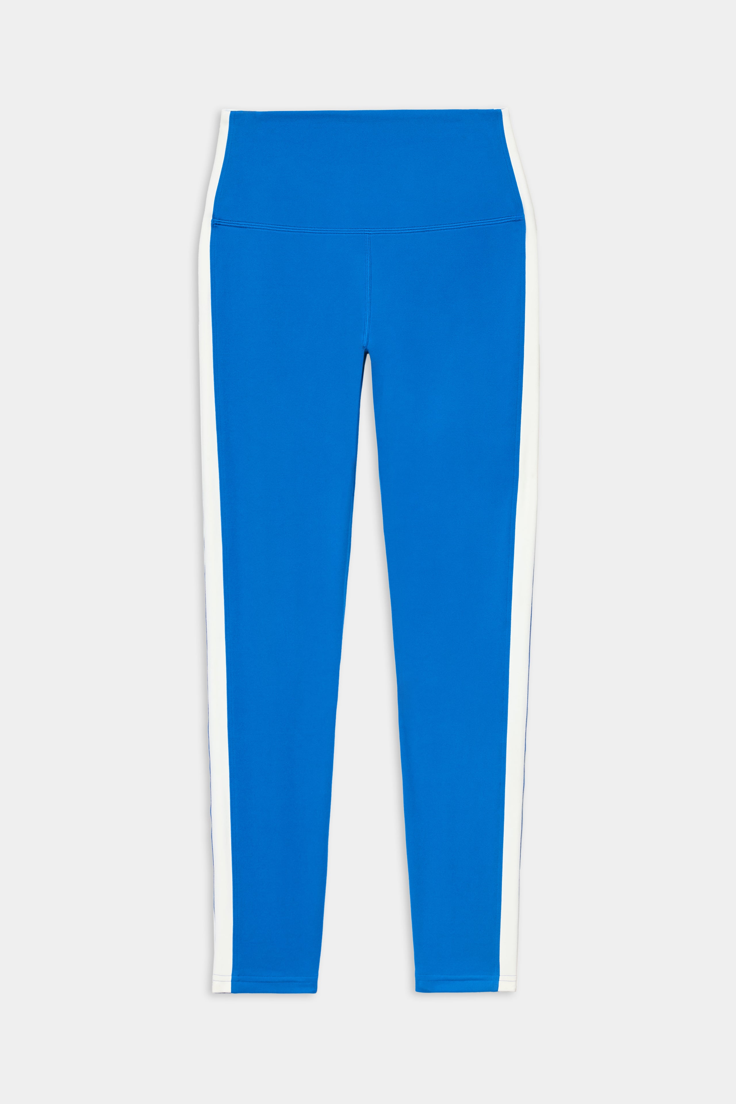 The SPLITS59 Clare High Waist Rigor 7/8 leggings in Classic Blue/White feature a high-waisted design with white vertical side stripes, made from performance rigor fabric for optimal comfort during gym workouts, shown flat on a white background.