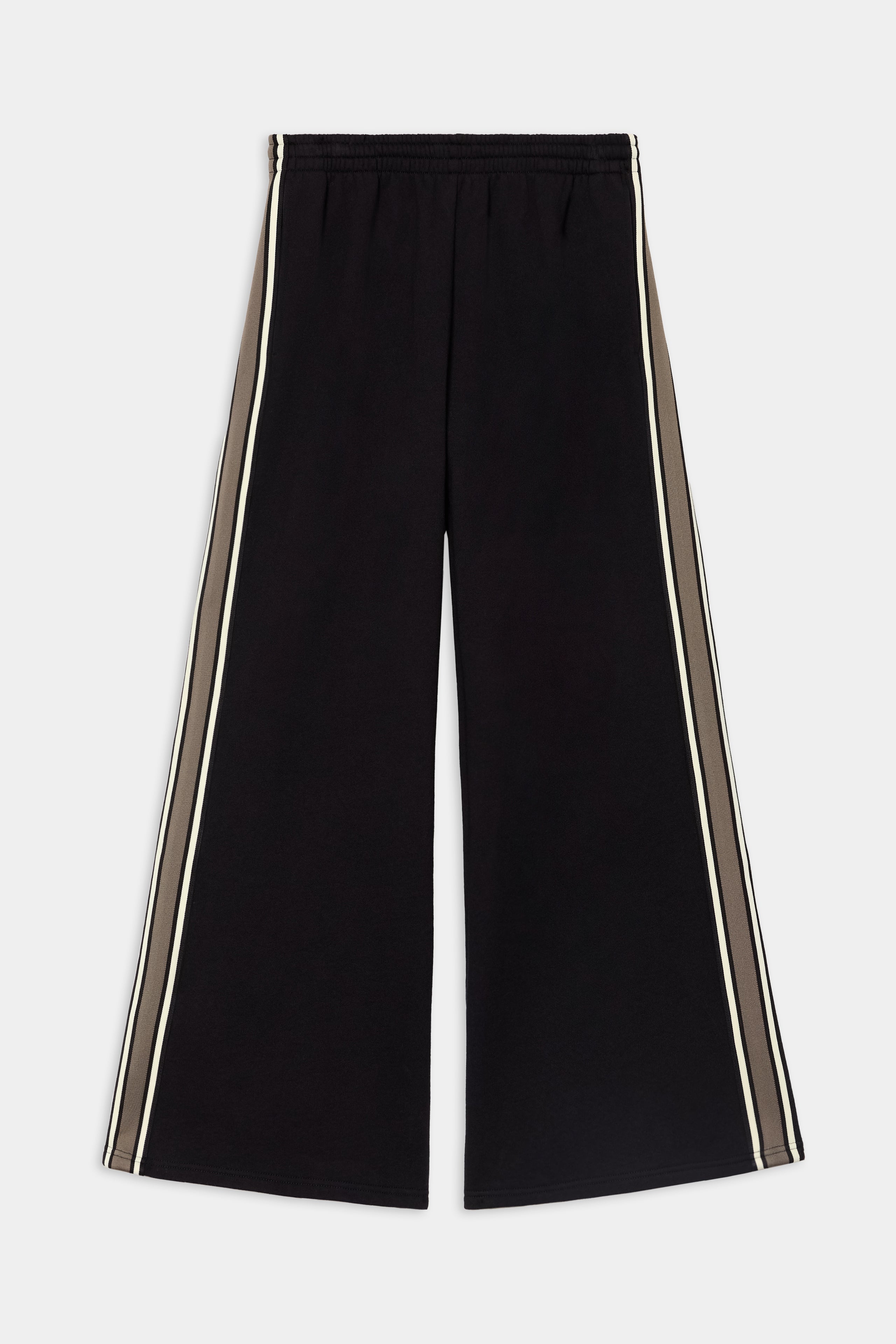 Dallas French Terry Wide Leg Sweatpant in Black/Lentil by SPLITS59, crafted from 100% cotton with white and beige side stripes and an elastic waistband, laid flat on a white background.