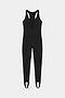 The Darci Airweight Stirrup Jumpsuit in black by SPLITS59 features a sleeveless design in a nylon-spandex blend, V-neckline, gathered front detail, fitted legs, and stirrup hems, shown laid flat on a white background.