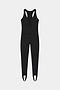 The Darci Airweight Stirrup Jumpsuit in black by SPLITS59 features a sleeveless design in a nylon-spandex blend, V-neckline, gathered front detail, fitted legs, and stirrup hems, shown laid flat on a white background.