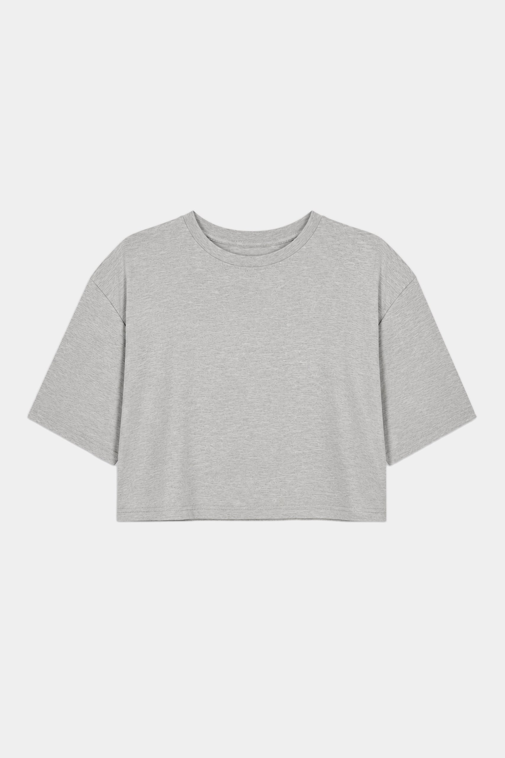 The SPLITS59 Djuna Oversized Crop Jersey Tee in Heather Grey, made from soft viscose, is a light gray short-sleeve cropped t-shirt laid flat on a white background.