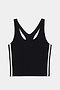 The SPLITS59 Ella Airweight Tank in Black/White features a racerback design, white vertical side stripes, and is crafted from an 81% nylon, 19% spandex blend. Displayed on a plain white background.