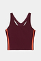 The SPLITS59 Ella Airweight Tank in Dark Cherry/Valencia is a sleeveless racerback crop top with orange side stripes, crafted from a nylon-spandex blend, shown against a white background.