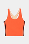 The SPLITS59 Ella Airweight Tank in Valencia/Indigo is an orange athletic crop top with a scoop neck, racerback, and indigo vertical side stripes. Made from stretch fabric, it provides comfort and flexibility for workouts.