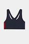 The SPLITS59 Ella Airweight Bra in Indigo/Pirate Red features a racerback design with red side panels, perfect for hot yoga, and is displayed on a plain white background.