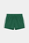 The SPLITS59 Ella Airweight Track Short in Arugula/White features lightweight fabric, white side stripes, and an elastic waistband—ideal for hot yoga or casual workouts. Laid flat on a plain background.