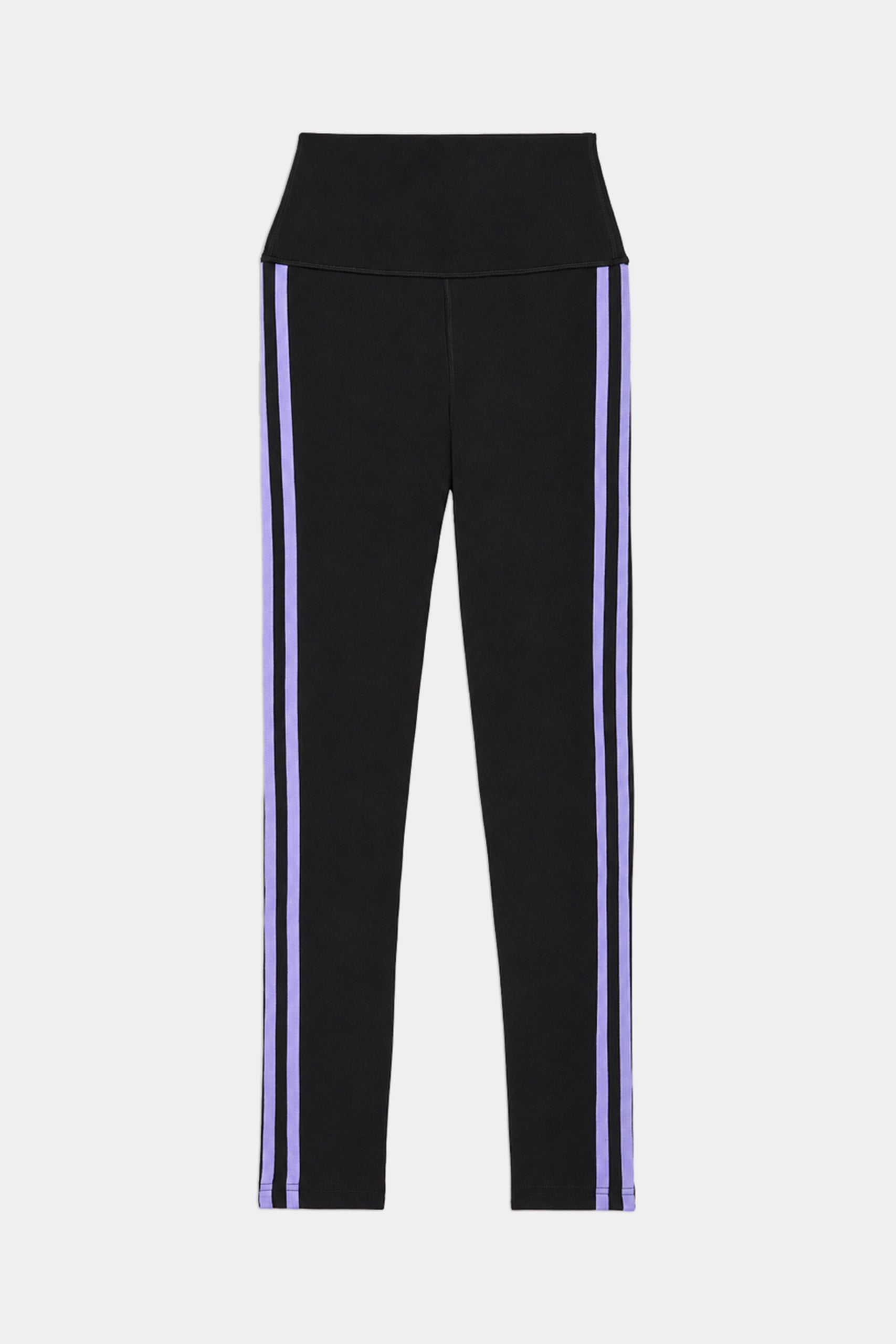 The SPLITS59 Ella High Waist Airweight 7/8 leggings in Black/Purple Haze feature a high waistband and two vertical purple stripes down each leg, shown on a white background.