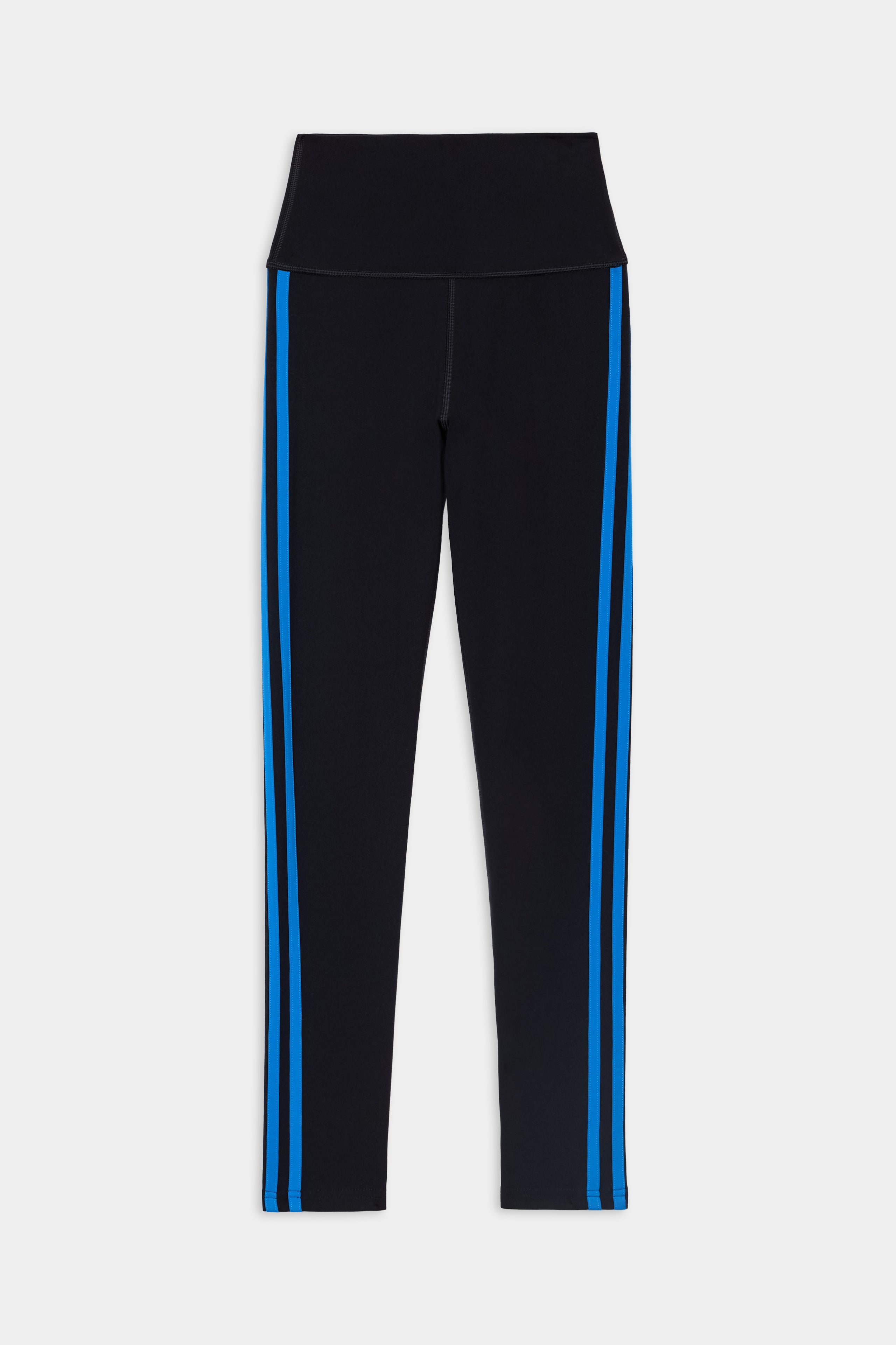 The SPLITS59 Ella High Waist Airweight 7/8 leggings in Black/Classic Blue are made from butter-soft fabric, feature two classic blue vertical stripes along each leg, and are shown flat on a white background—ideal for hot yoga and everyday comfort.