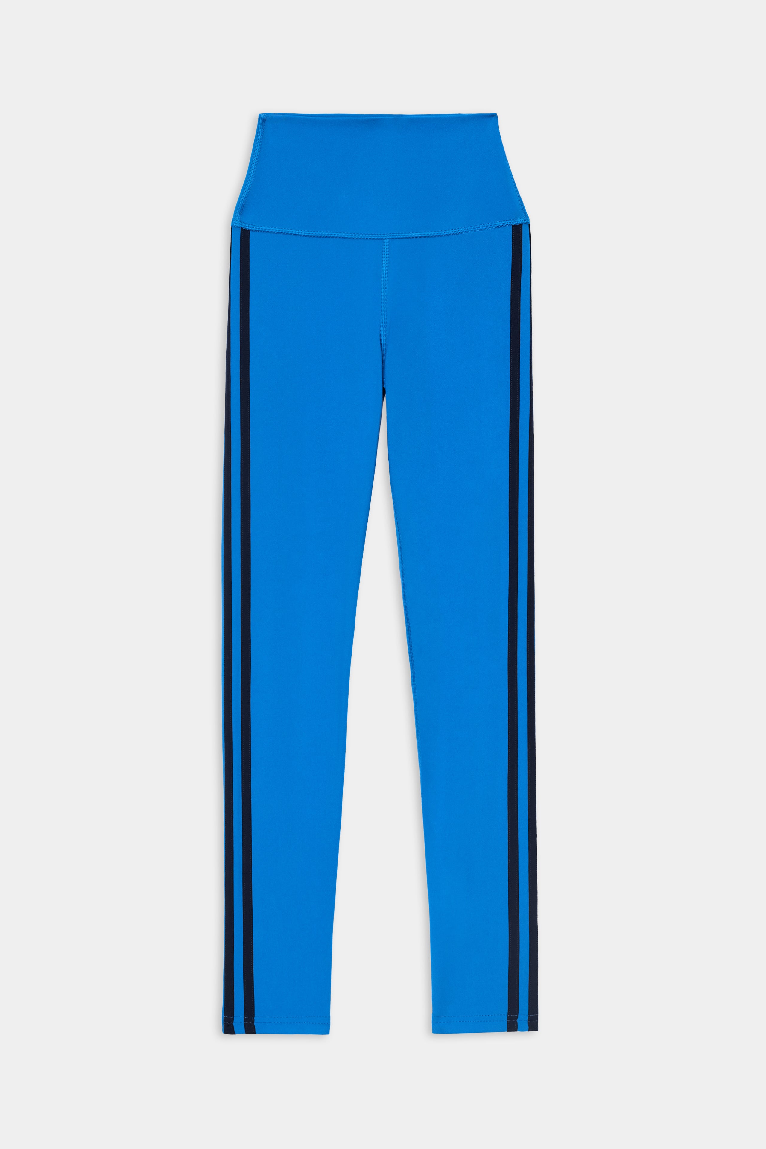 The SPLITS59 Ella High Waist Airweight 7/8 leggings in Classic Blue/Indigo, crafted from ultra-luxe fabric, feature two vertical black stripes on each side and are presented on a plain white background—perfect for hot yoga sessions.