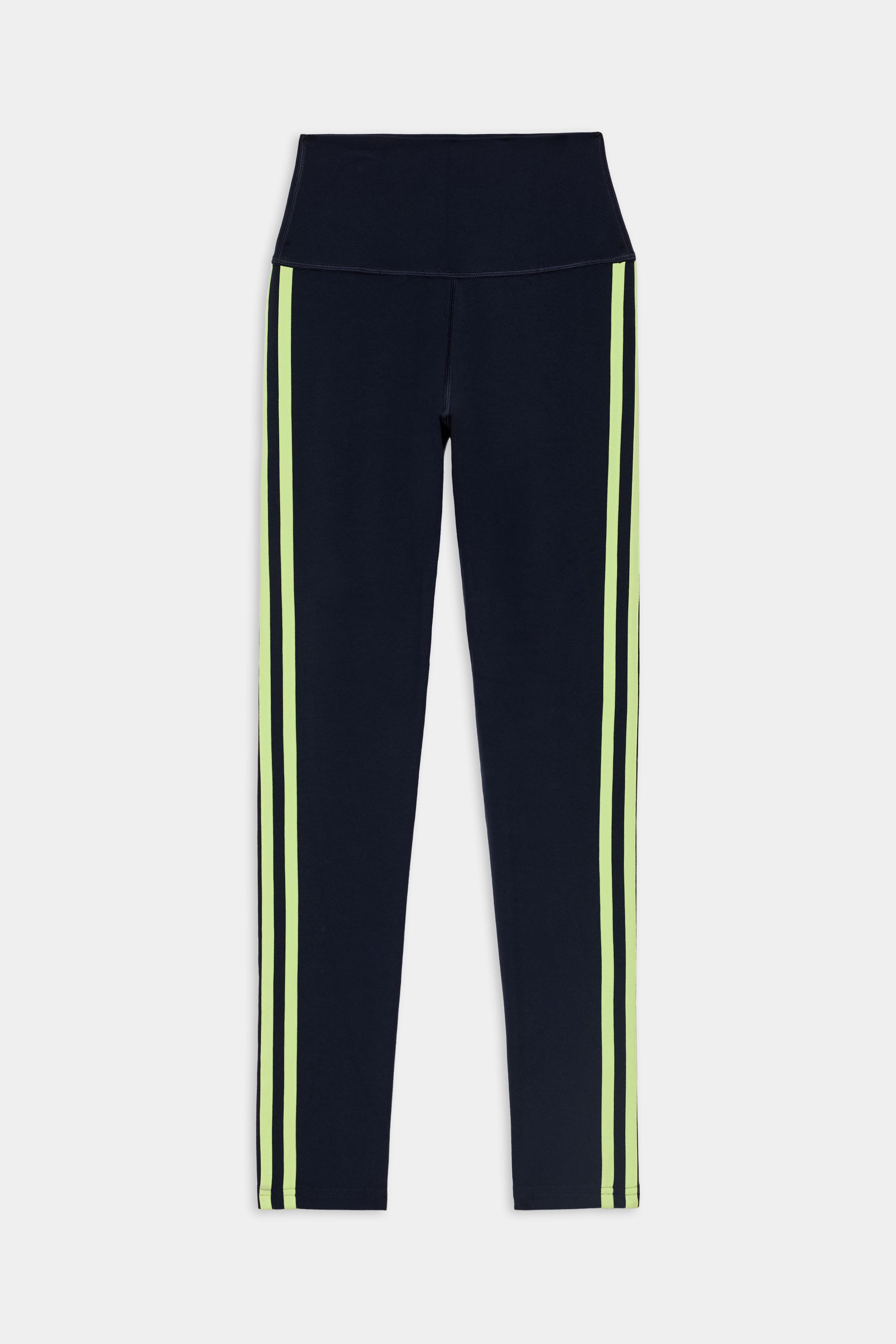 Introducing the SPLITS59 Ella High Waist Airweight 7/8 leggings in Indigo/Limeade—a sleek high-waist design featuring vertical neon limeade stripes along the sides, perfect for hot yoga. Displayed flat on a white background, these leggings effortlessly blend style and performance to support you during your most intense workouts.
