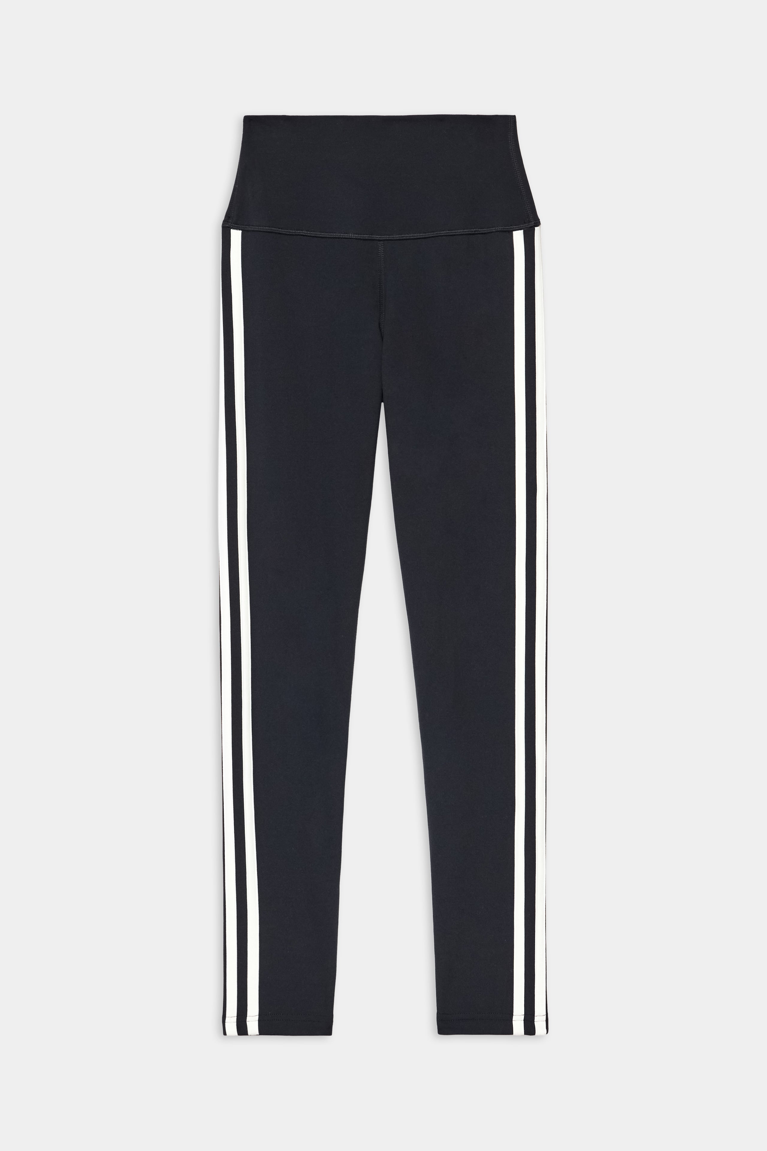 The SPLITS59 Ella High Waist Airweight 7/8 in Black/White features two white side stripes and is ideal for hot yoga or everyday comfort.