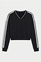 The SPLITS59 Ellie Fleece V Neck Sweatshirt in Black/White features long sleeves with white stripes, a cropped cut, and soft modal-spandex fabric, shown on a white background.