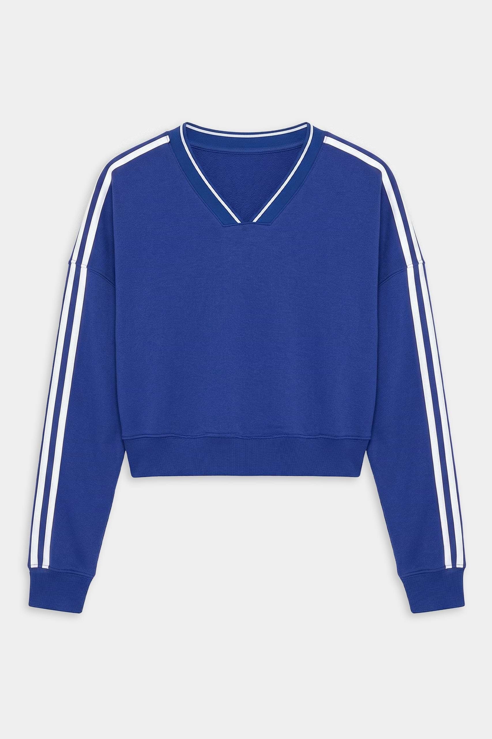The SPLITS59 Ellie Fleece V Neck Sweatshirt in Cobalt/White features a cropped fit, long sleeves with white double stripes, and a V-neck collar—ideal for an athletic look.
