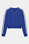 The SPLITS59 Ellie Fleece V Neck Sweatshirt in Cobalt/White features a cropped fit, long sleeves with white double stripes, and a V-neck collar—ideal for an athletic look.