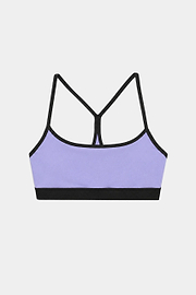 The SPLITS59 Emerson Airweight Bra in Purple Haze/Black features a racerback design, black trim, and a nylon-spandex blend, shown on a plain white background.