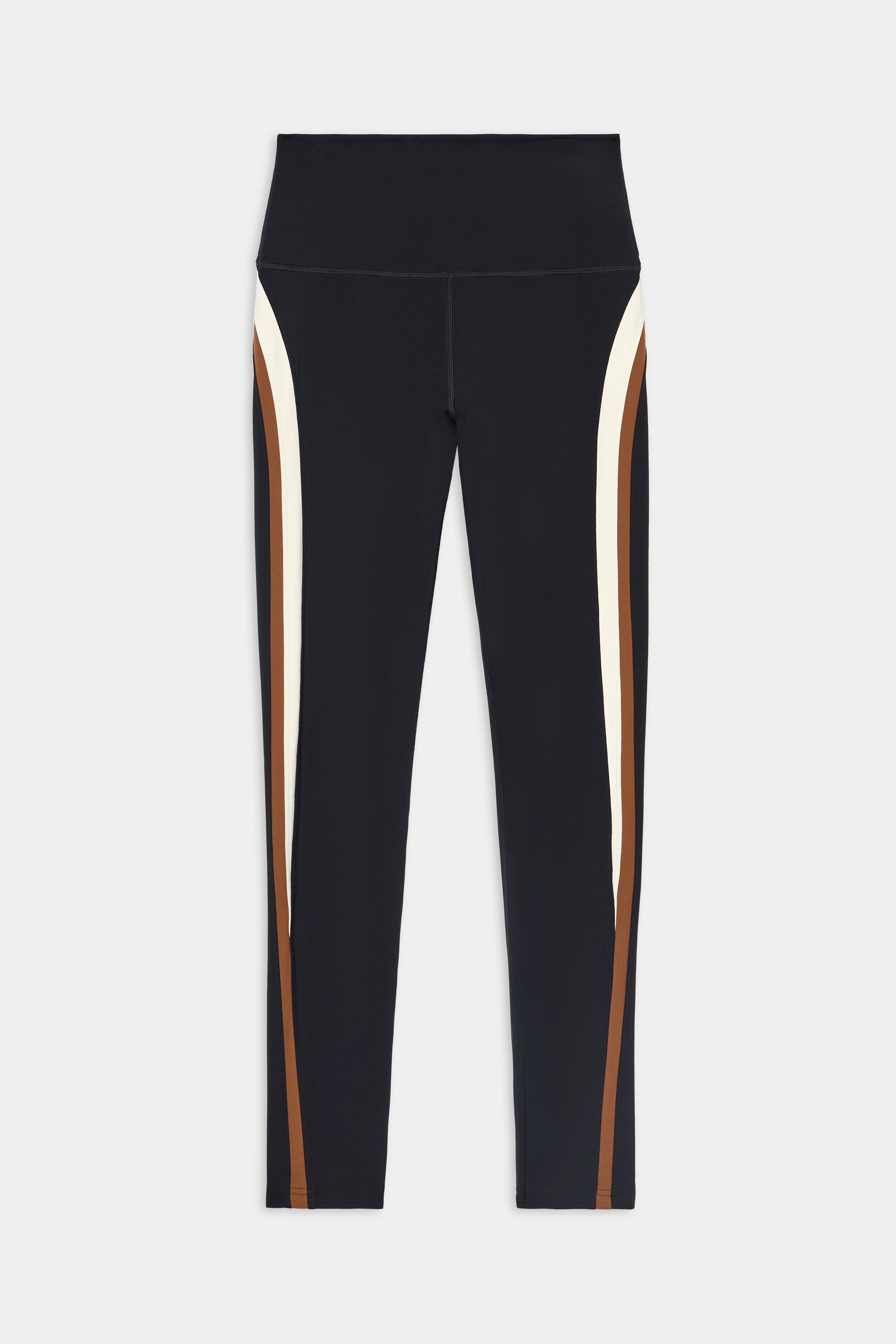 SPLITS59 Emerson Airweight High Waist 7/8 - Black/Creme leggings with white and brown vertical side stripes, shown flat on a white background.