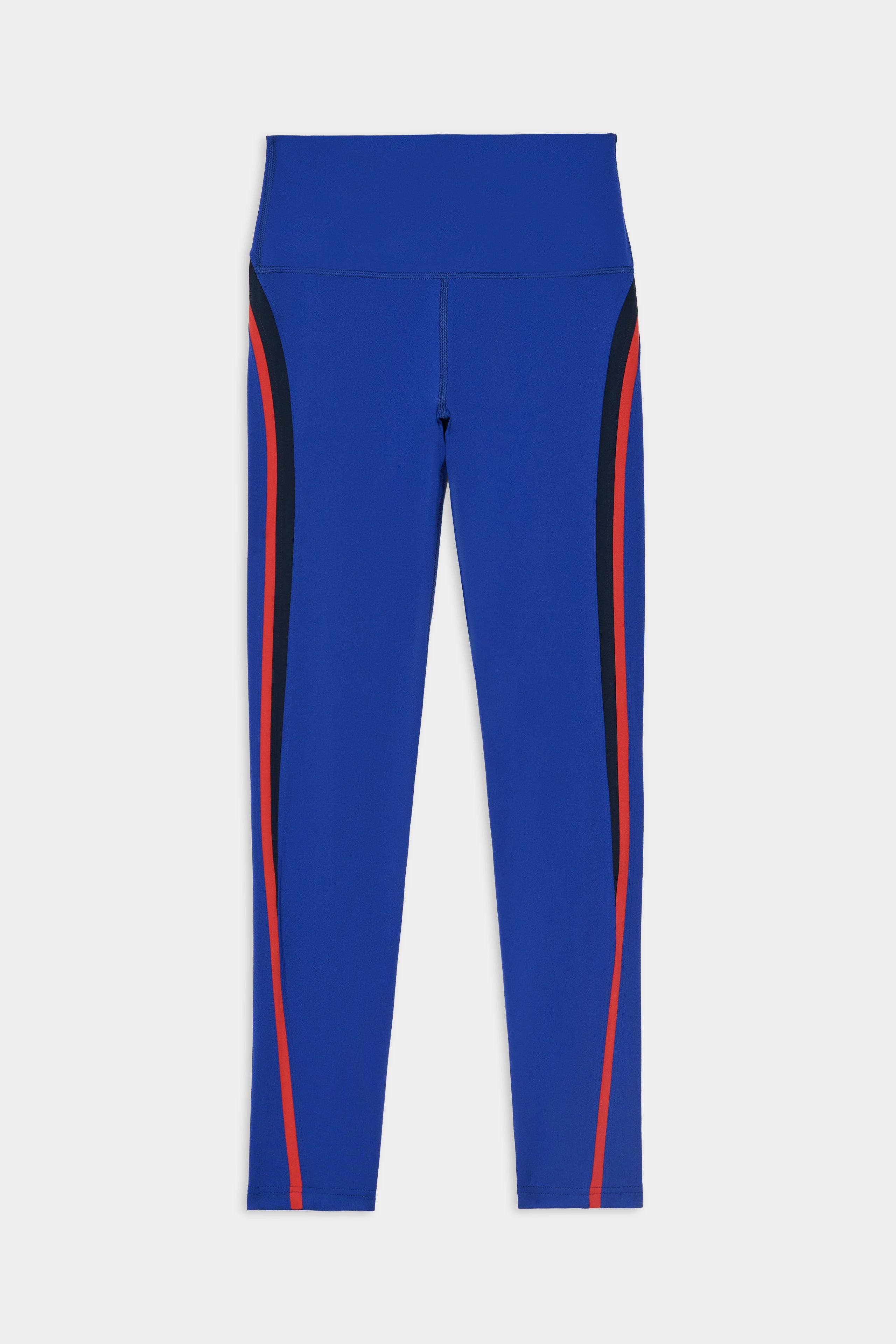 The SPLITS59 Emerson Airweight High Waist 7/8 - Cobalt/Indigo leggings, made from stretch fabric, are shown laid flat on a white background.