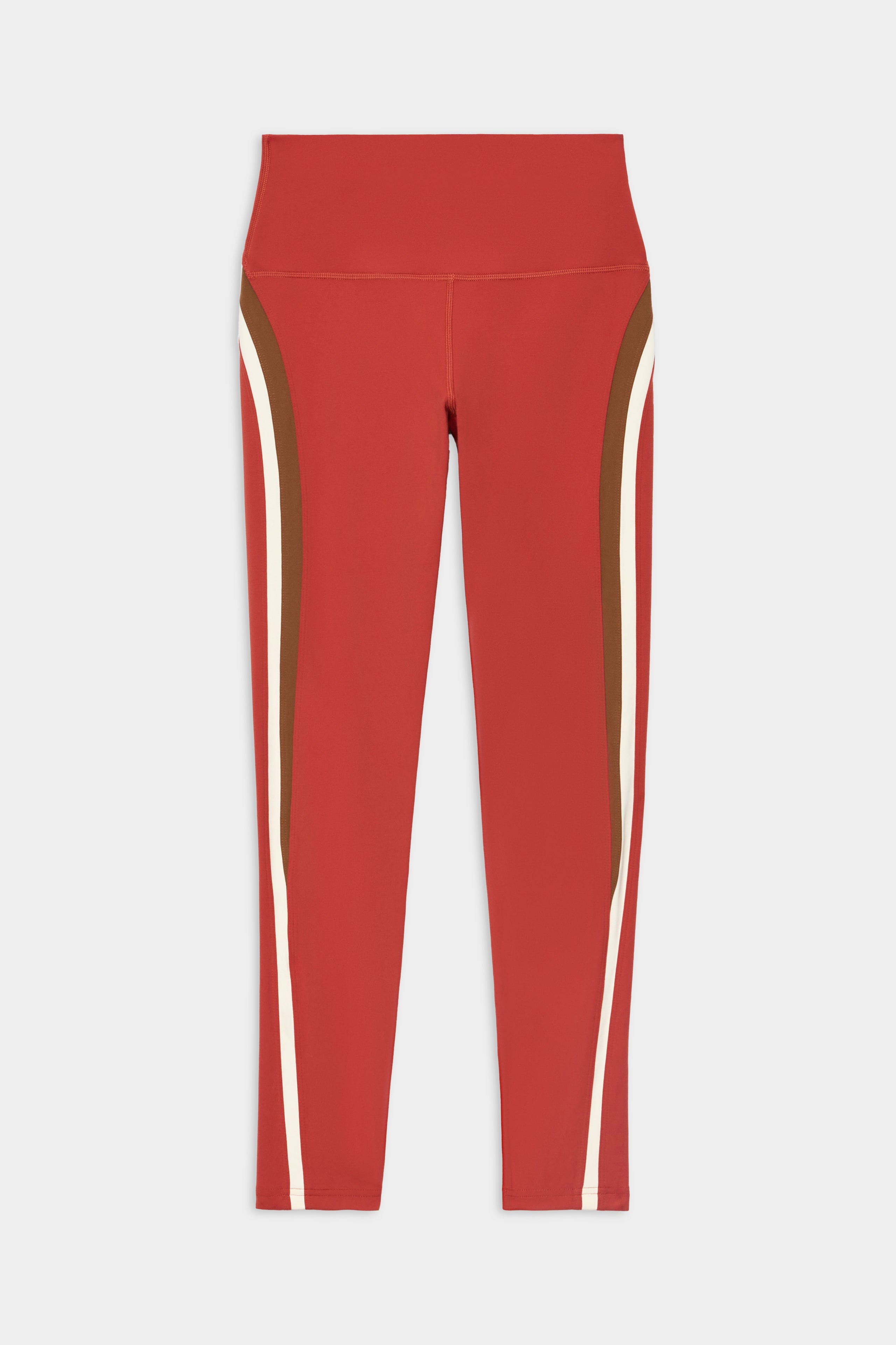 SPLITS59 Emerson Airweight High Waist 7/8 - Terracotta/Creme leggings with brown and white side stripes, shown flat on a white background.