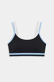 The SPLITS59 Eva Rigor Double Strap Bra in Black/Skylight features blue trim, white shoulder straps, and is shown on a plain white background.