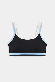 The SPLITS59 Eva Rigor Double Strap Bra in Black/Skylight features blue trim, white shoulder straps, and is shown on a plain white background.