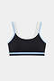 The SPLITS59 Eva Rigor Double Strap Bra in Black/Skylight features blue trim, white shoulder straps, and is shown on a plain white background.