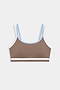 The SPLITS59 Eva Rigor Double Strap Bra in Lentil/White features slim white and blue straps with a white bottom band—ideal for gym workouts, shown against a plain white background.