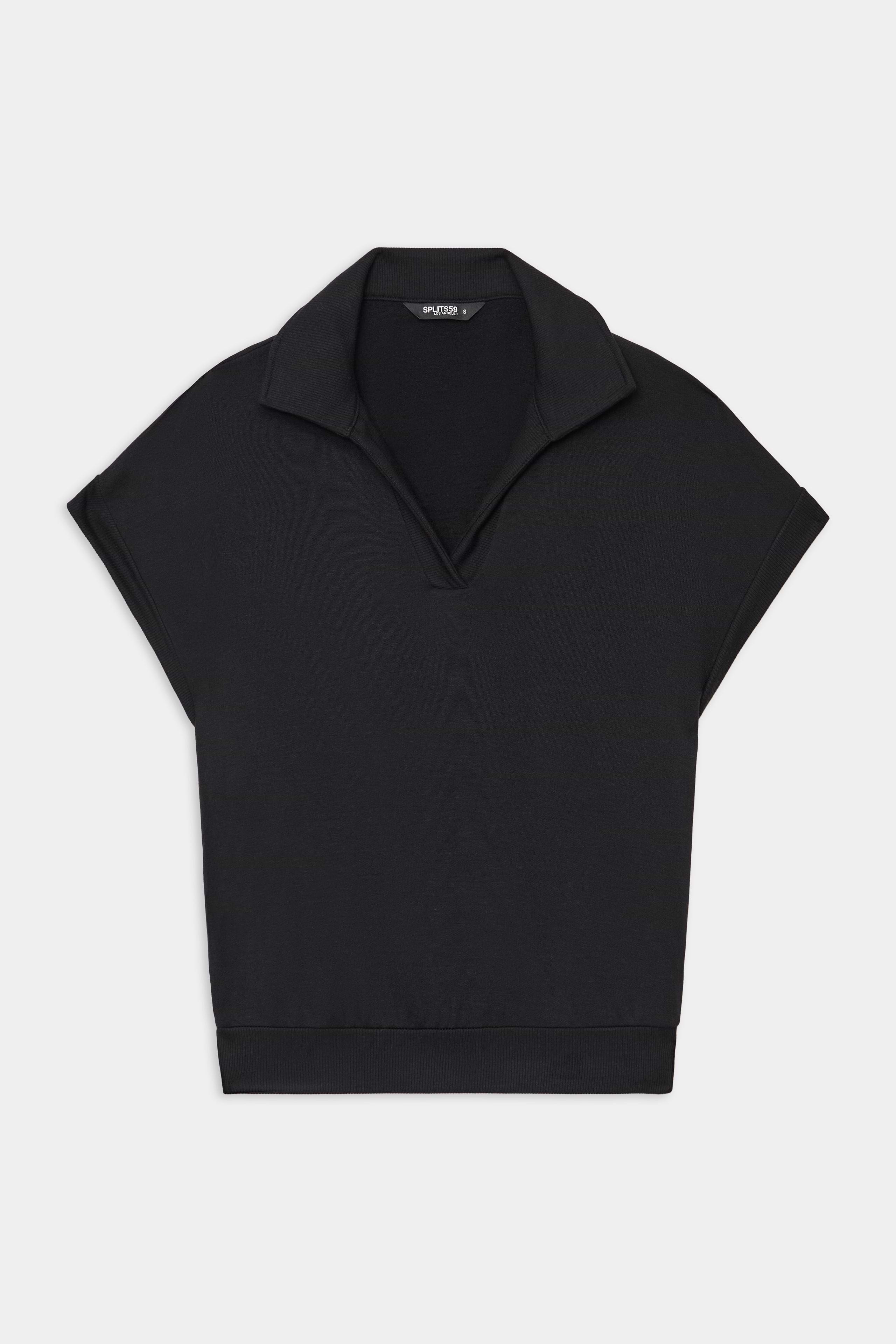 The SPLITS59 Evie Fleece Sleeveless Polo in black features a collared V-neck and loose fit, crafted from a soft modal spandex blend. Displayed on a plain white background.