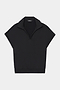 The SPLITS59 Evie Fleece Sleeveless Polo in black features a collared V-neck and loose fit, crafted from a soft modal spandex blend. Displayed on a plain white background.