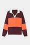 The SPLITS59 Katie Fleece Rugby in Dark Cherry/Valencia is a long-sleeve shirt with a white collar, soft modal-spandex blend, wide orange chest stripe, and dark burgundy detailing on the top, lower body, and cuffs.