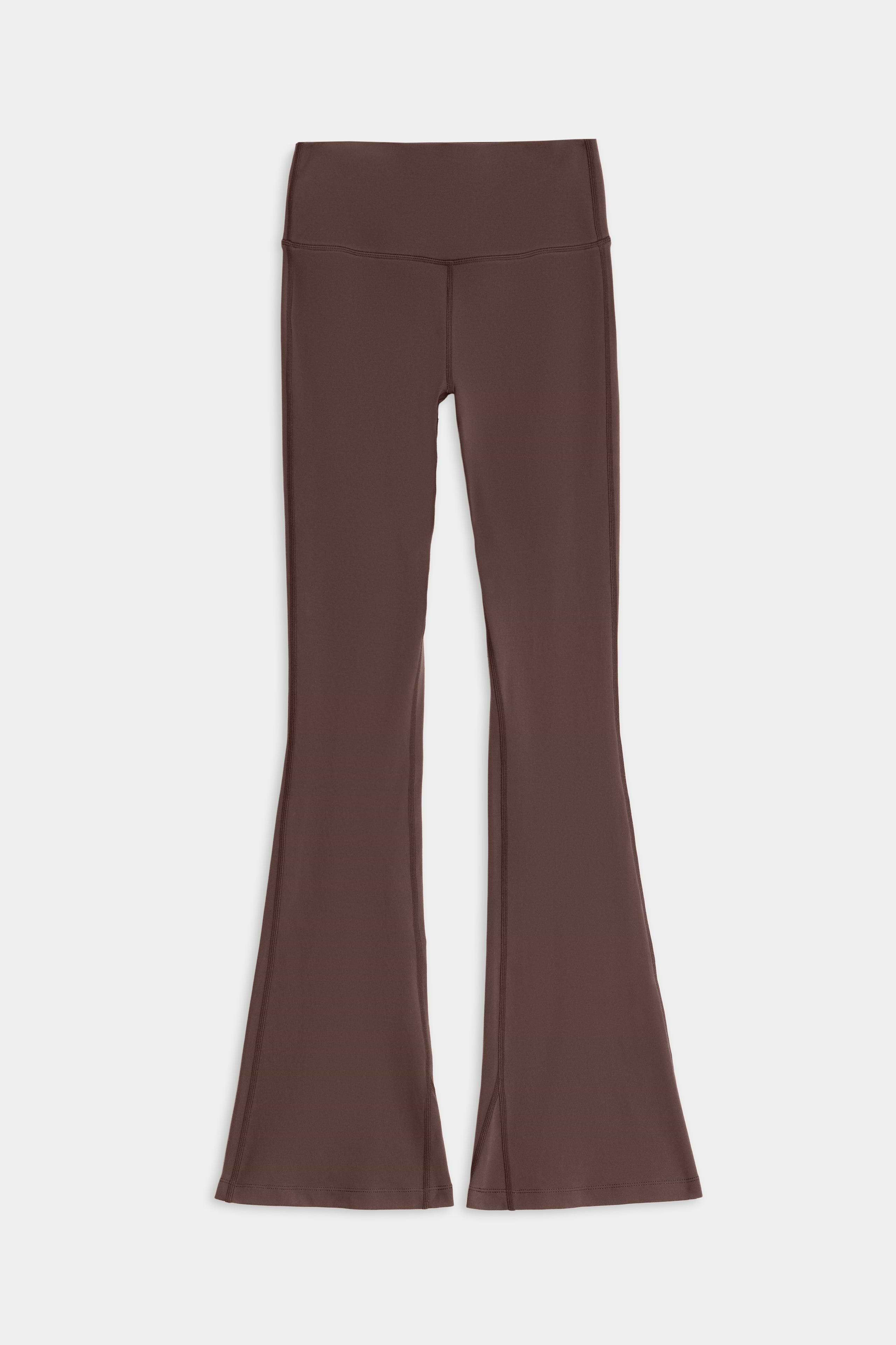 The SPLITS59 Raquel High Waist Flared Legging in Dark Chocolate, featuring 4-way stretch, is laid flat on a white background.