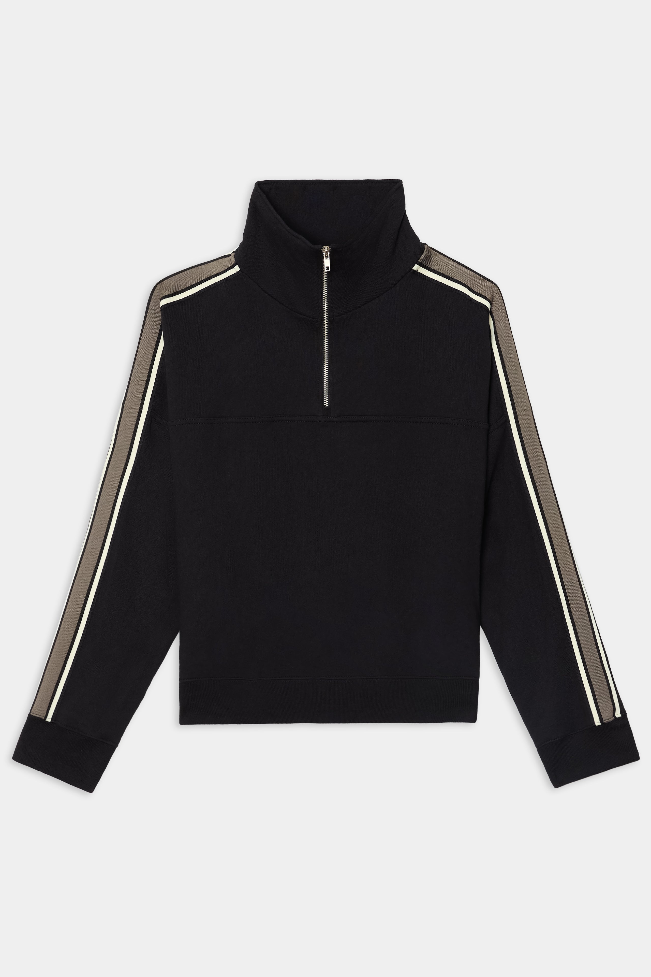 SPLITS59 Goldie French Terry Oversized Half Zip in Black/Lentil, made from 100% cotton, features beige and white stripes along the sleeves, a high collar, and long sleeves. The pullover is displayed flat on a white background.