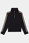 SPLITS59 Goldie French Terry Oversized Half Zip in Black/Lentil, made from 100% cotton, features beige and white stripes along the sleeves, a high collar, and long sleeves. The pullover is displayed flat on a white background.