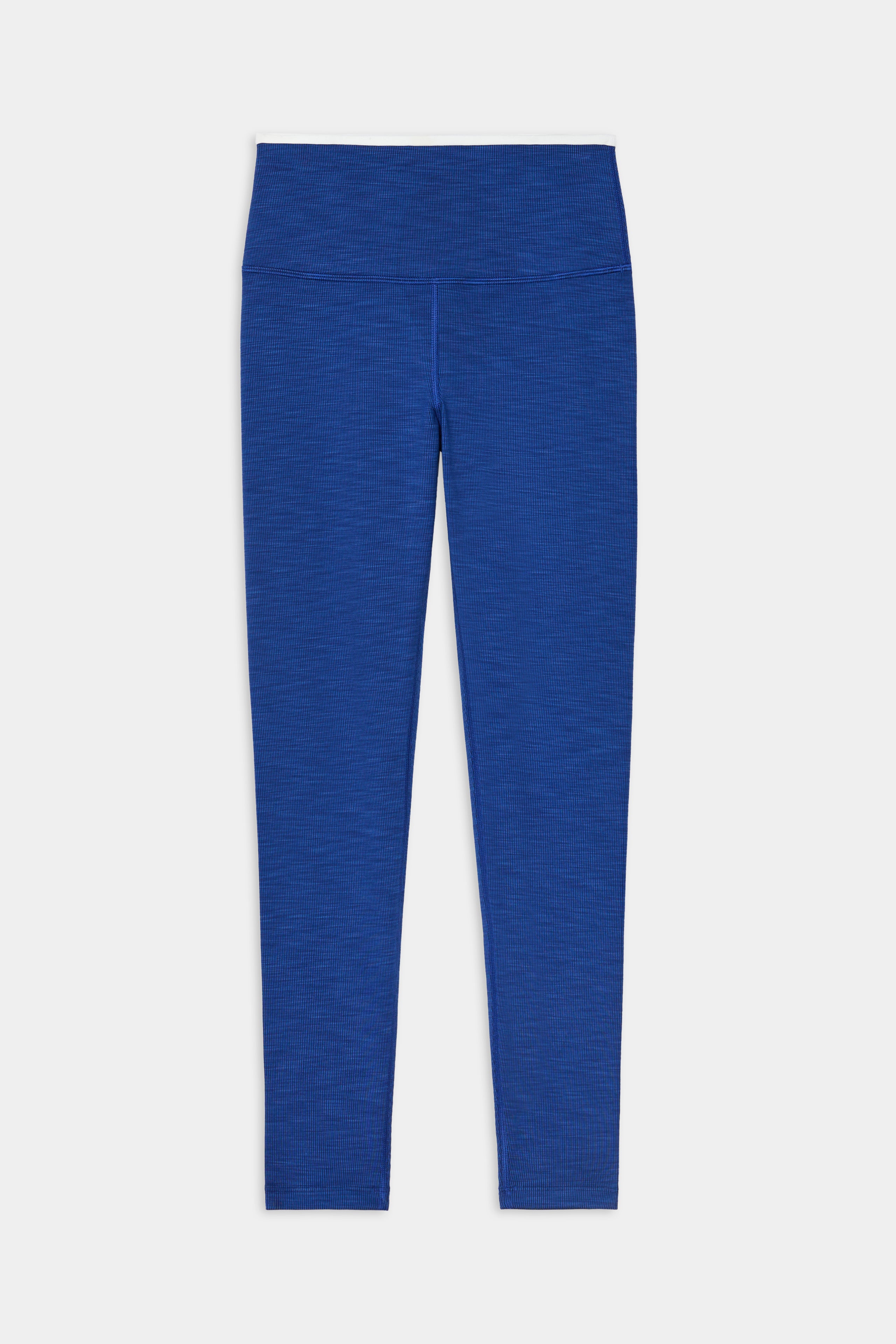 The SPLITS59 Hayley Active Rib 7/8 - Heather Cobalt/White leggings are high-waisted, blue, and made from soft spandex and polyester, shown flat on a white background.