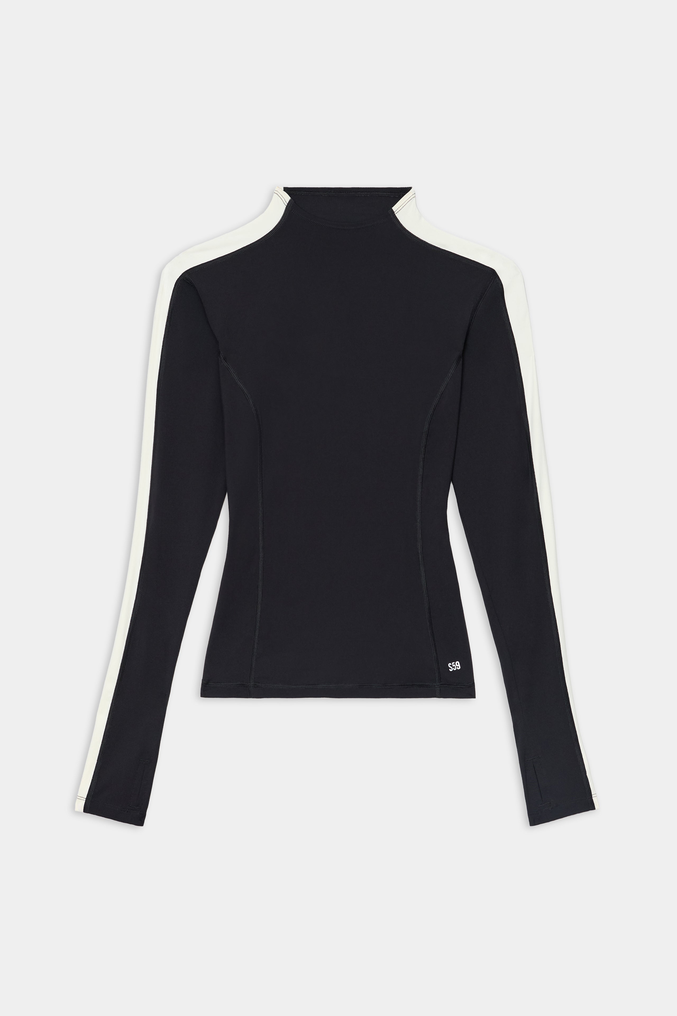 The Isabelle Airweight Lite Mock Neck - Black/Creme by SPLITS59 is a long-sleeve fitted top with white stripes, soft spandex blend, and mock neck, laid flat on white.