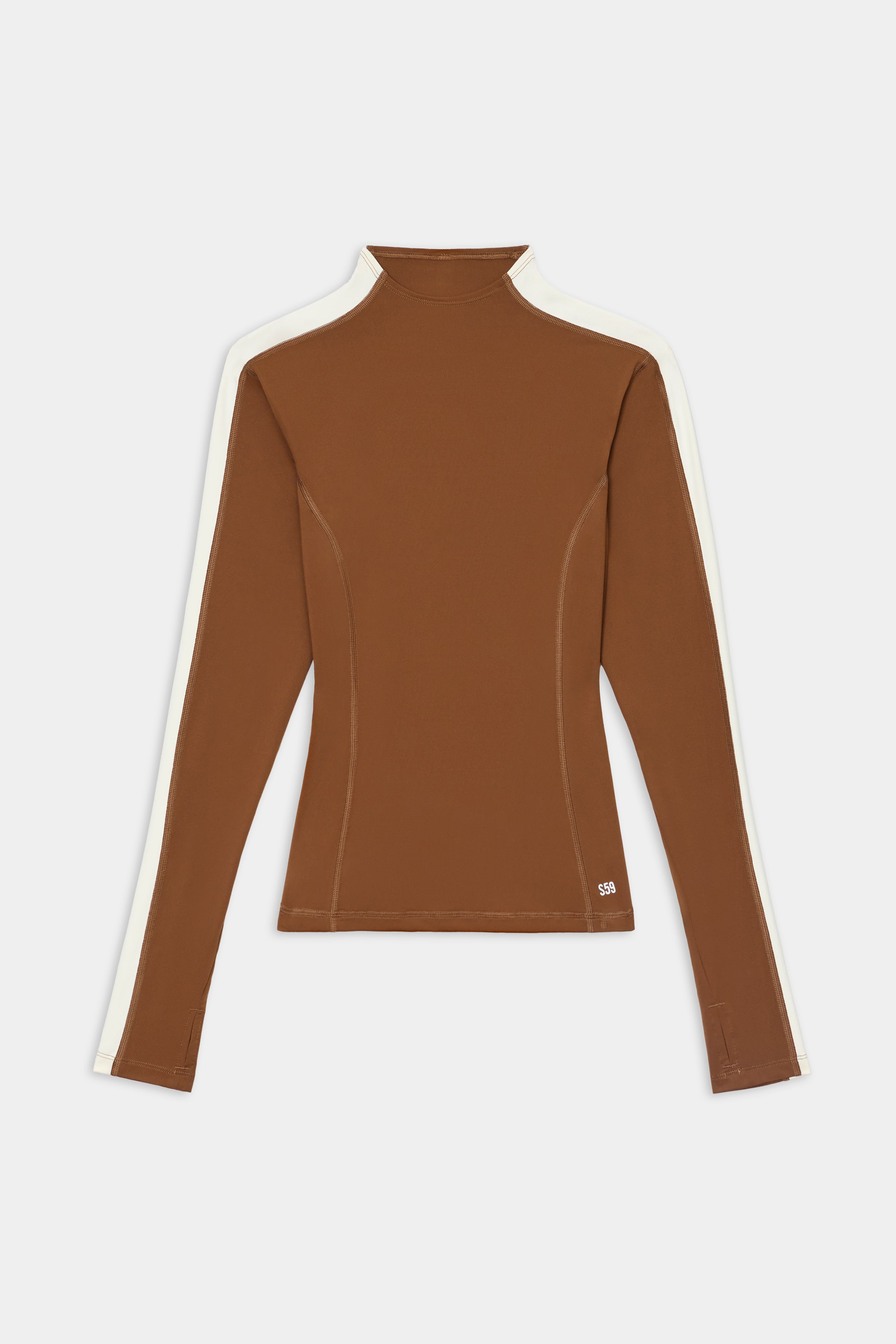 SPLITS59 Isabelle Airweight Lite Mock Neck - Toffee/Creme: Brown fitted long-sleeve top with white stripes, mock neck, and subtle seams in a nylon-spandex blend.