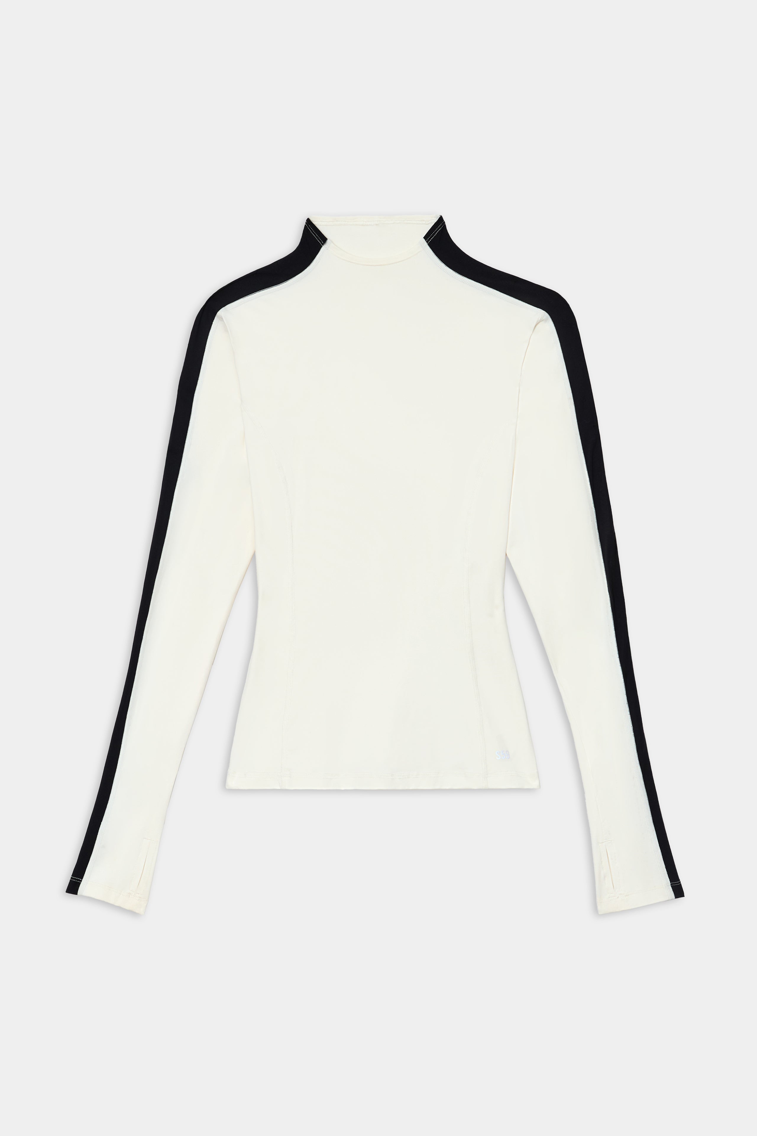 The Isabelle Airweight Lite Mock Neck - White/Black by SPLITS59 is a long-sleeve, fitted top in soft nylon-spandex, shown on a plain white background.