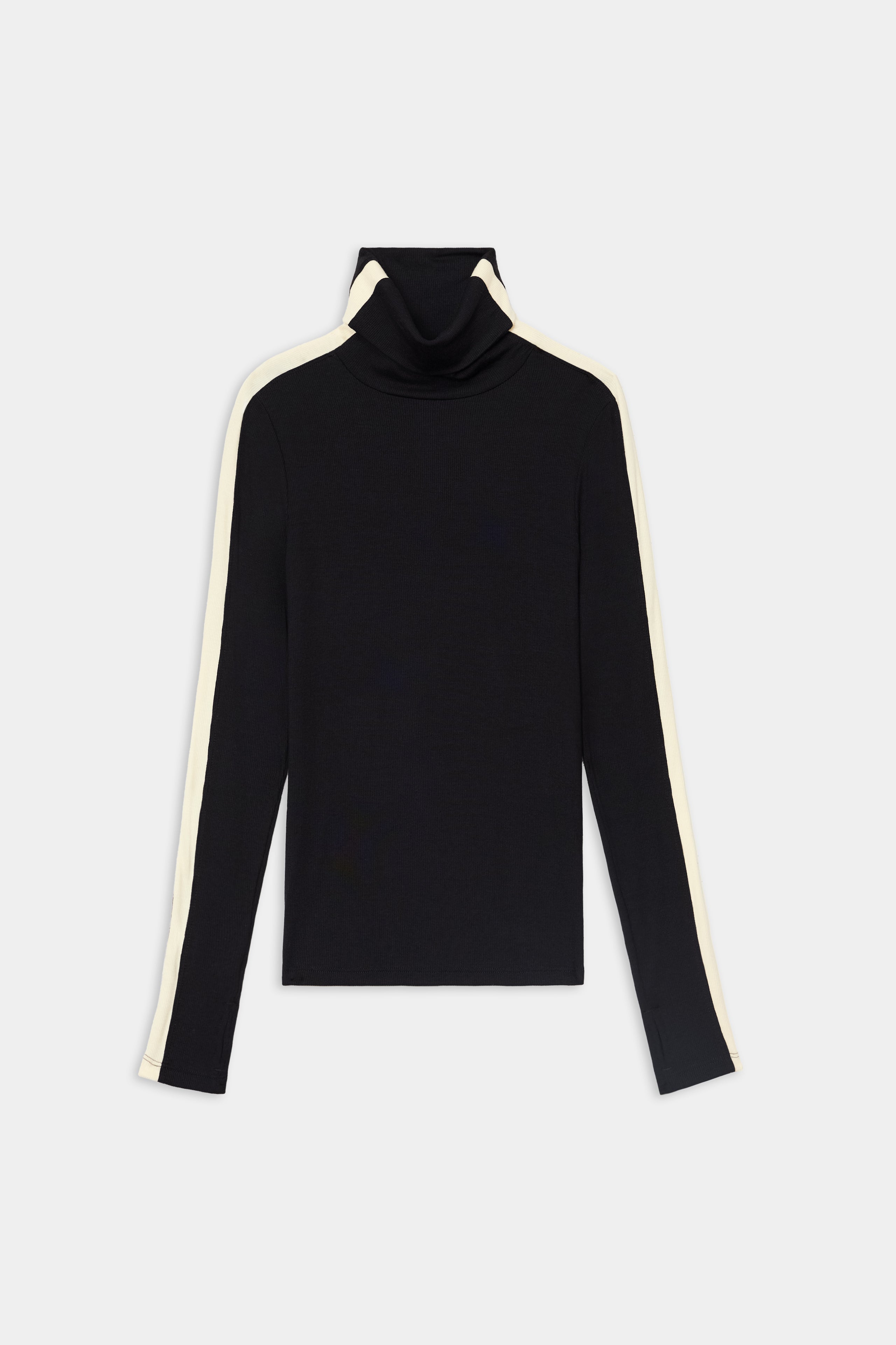 The SPLITS59 Jackson Rib Full Length Turtleneck in Black/Creme features white stripes along the shoulders and sleeves and is shown against a plain white background.