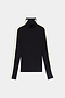 The SPLITS59 Jackson Rib Full Length Turtleneck in Black/Creme features white stripes along the shoulders and sleeves and is shown against a plain white background.