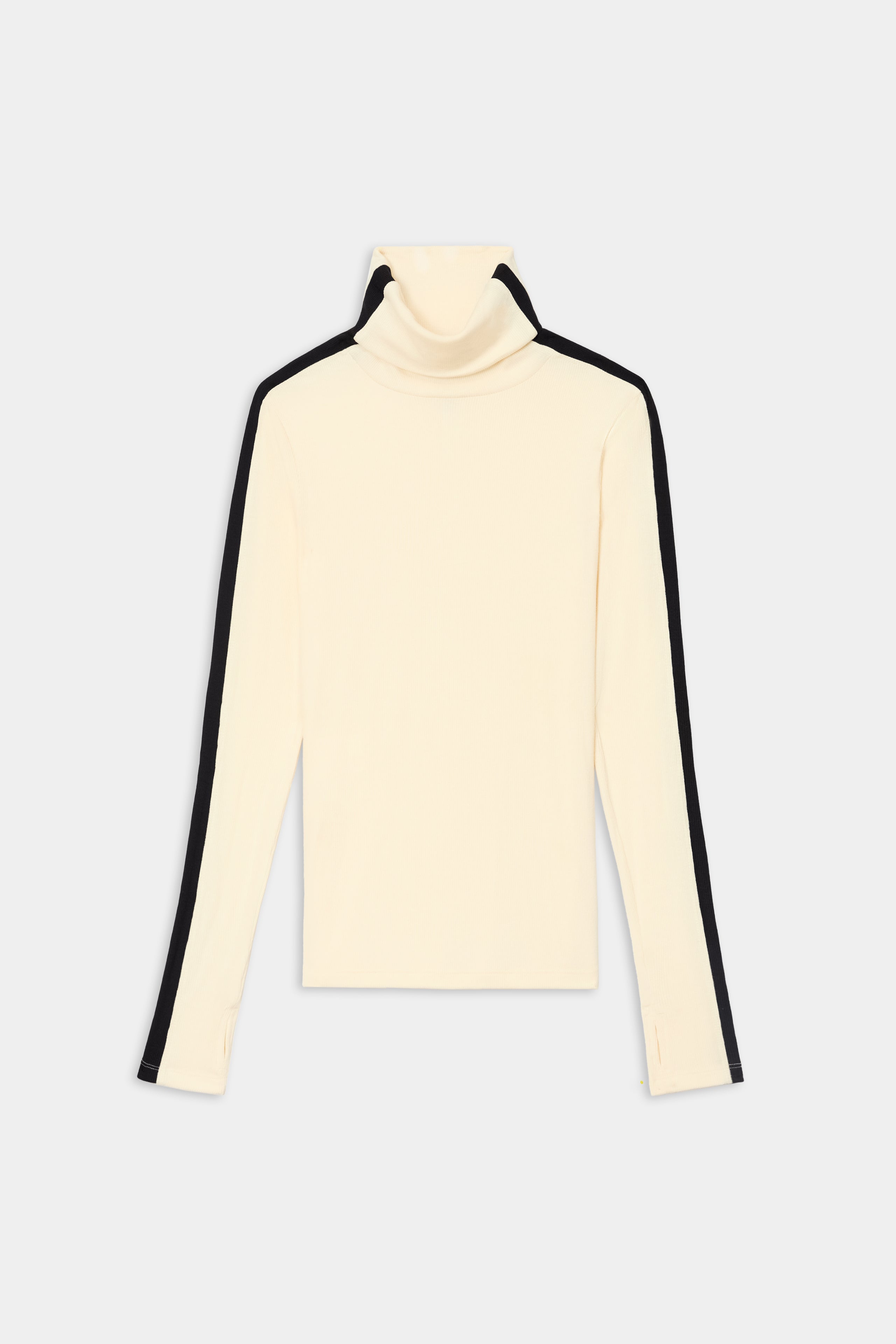 The SPLITS59 Jackson Rib Full Length Turtleneck in Creme/Black, a long-sleeve top with black stripes along the shoulders and sleeves, is crafted from a soft modal spandex blend and displayed laid flat on a plain background.