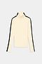The SPLITS59 Jackson Rib Full Length Turtleneck in Creme/Black, a long-sleeve top with black stripes along the shoulders and sleeves, is crafted from a soft modal spandex blend and displayed laid flat on a plain background.