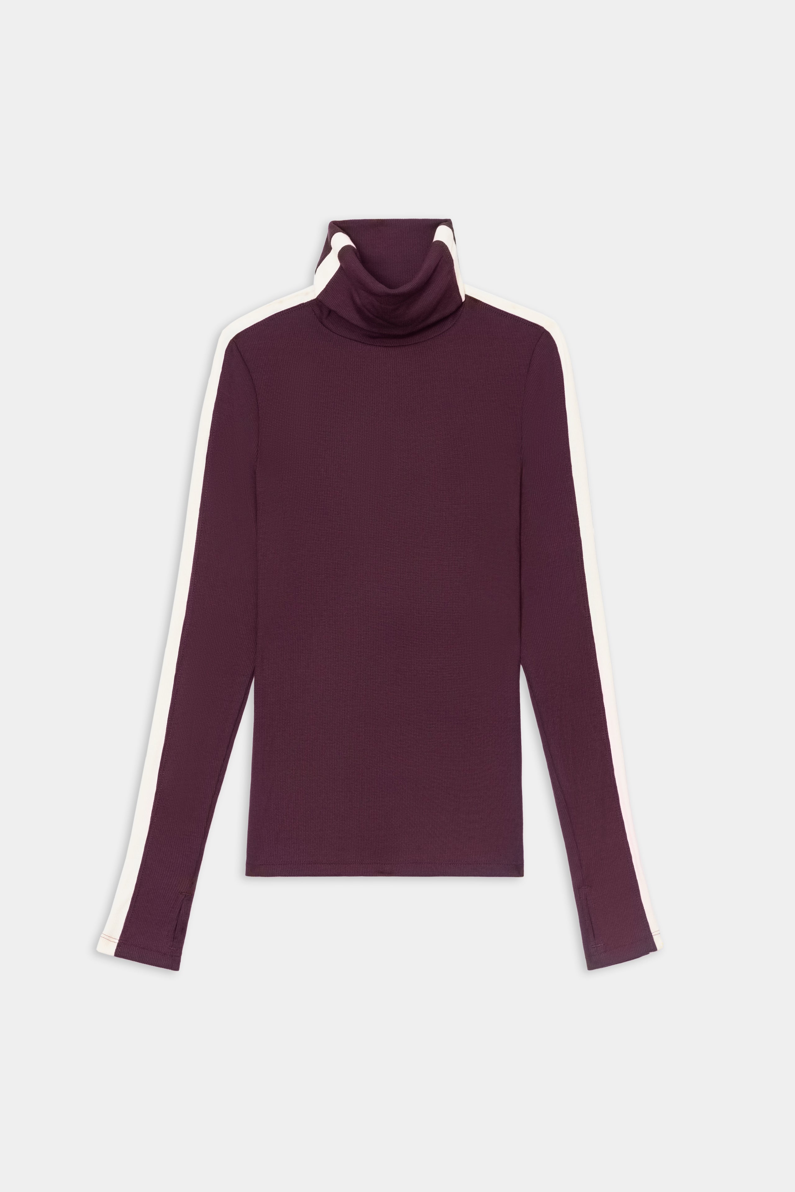 The SPLITS59 Jackson Rib Full Length Turtleneck in Dark Cherry/Creme is a long-sleeved top made from a soft modal blend with added spandex for stretch, featuring white stripes along the sleeves and shown against a plain white background.