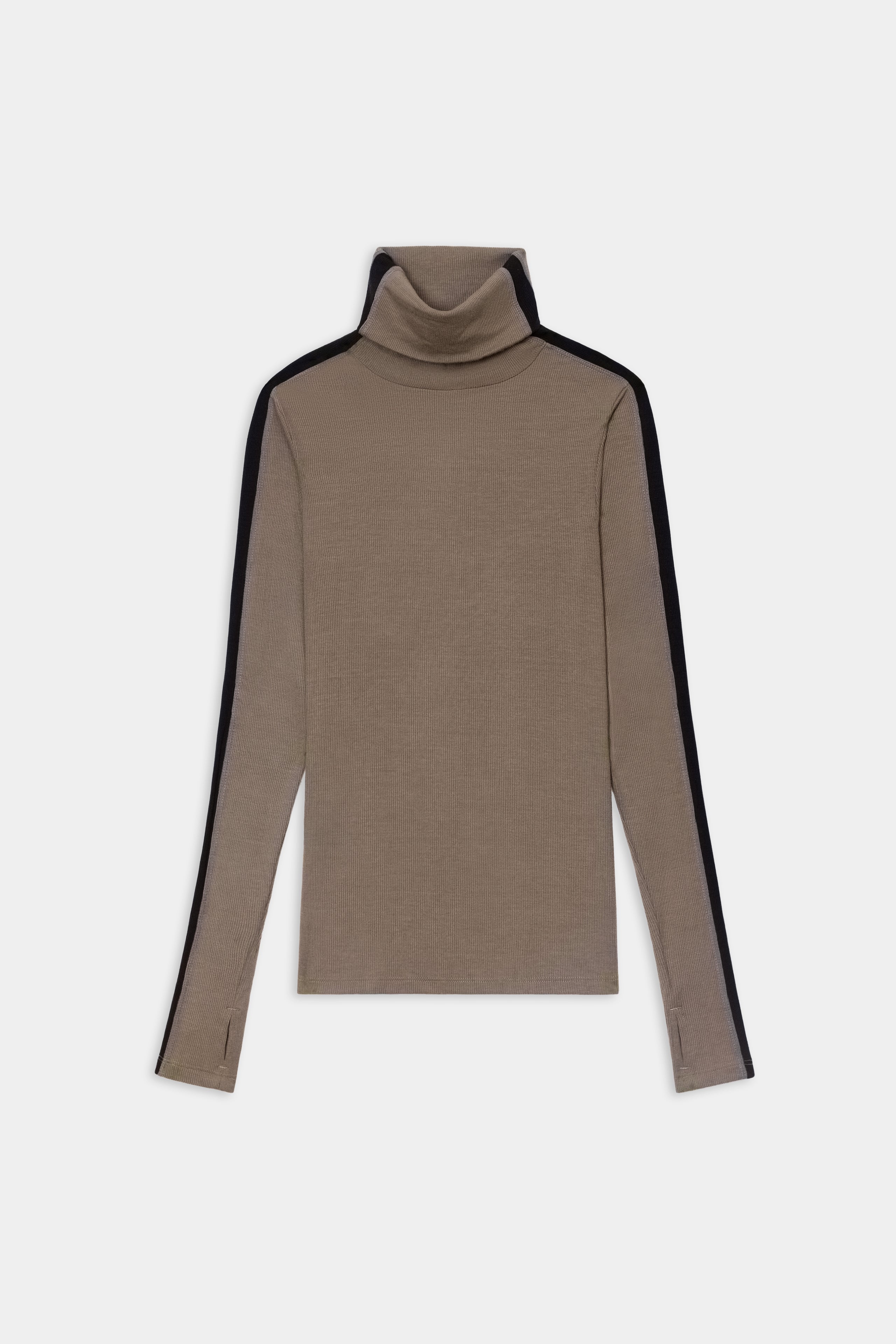 The SPLITS59 Jackson Rib Full Length Turtleneck in Lentil/Black features long sleeves with black stripes down the arms, crafted from a soft modal-spandex blend for enhanced comfort and stretch, laid flat against a white background.