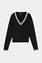 The SPLITS59 Jemma Knit V Neck in Black/White, a long-sleeve sweater crafted from a soft rayon and nylon blend with distinctive white double stripes on the collar and cuffs, is laid flat on a white background.