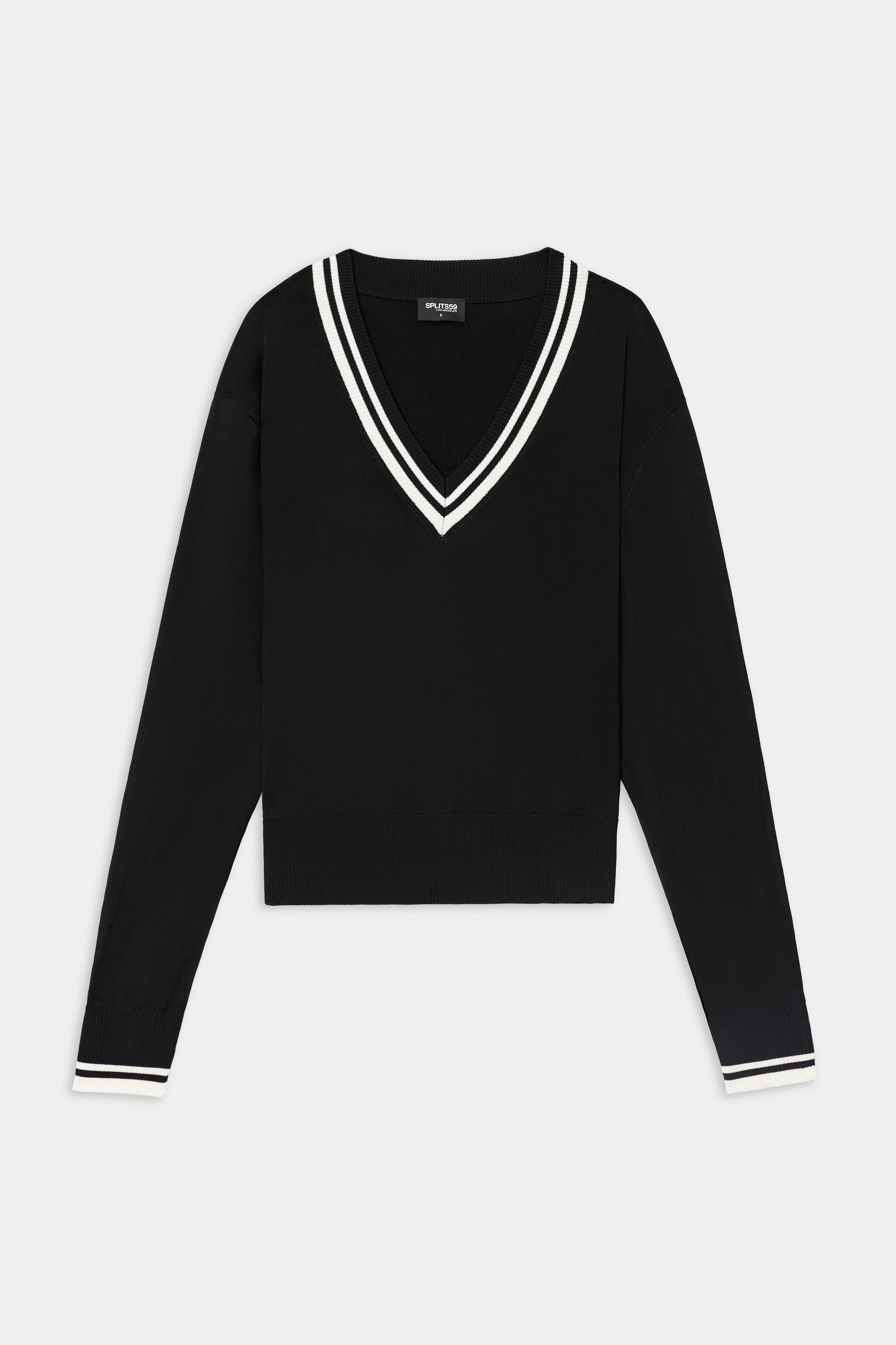 The SPLITS59 Jemma Knit V Neck in Black/White, a long-sleeve sweater crafted from a soft rayon and nylon blend with distinctive white double stripes on the collar and cuffs, is laid flat on a white background.