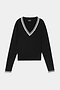 The SPLITS59 Jemma Knit V Neck in Black/White, a long-sleeve sweater crafted from a soft rayon and nylon blend with distinctive white double stripes on the collar and cuffs, is laid flat on a white background.