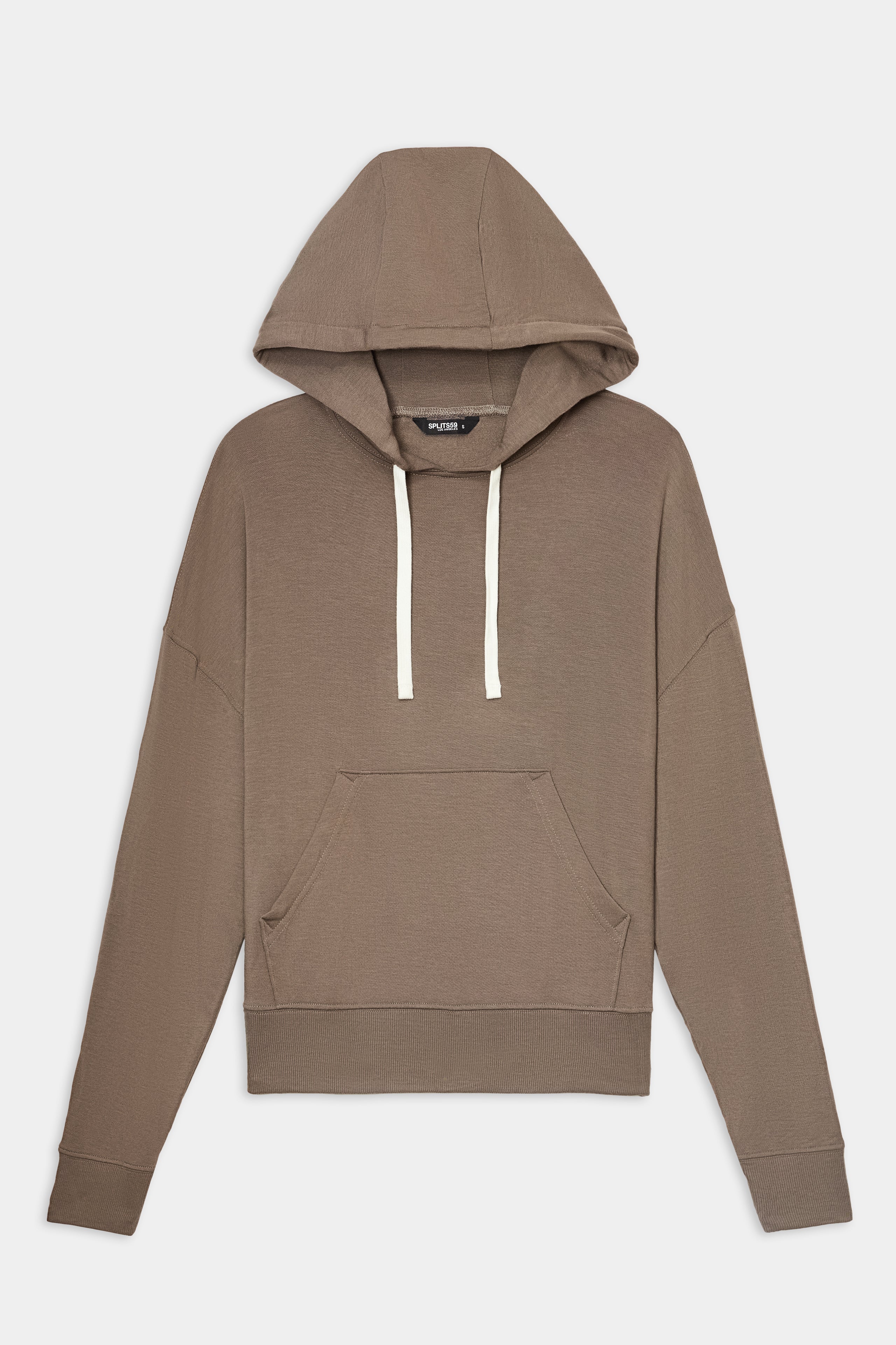 The Joey Fleece Hoodie - Lentil by SPLITS59 is a plain taupe hooded sweatshirt featuring white drawstrings, a front pouch pocket, and long sleeves, crafted from a comfortable spandex blend and shown laid flat on a white background.